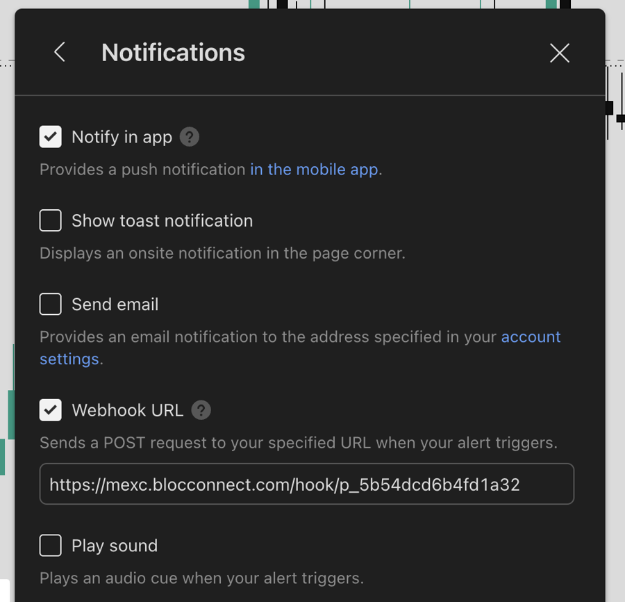 TradingView webhook URL field with the BlocConnect hook