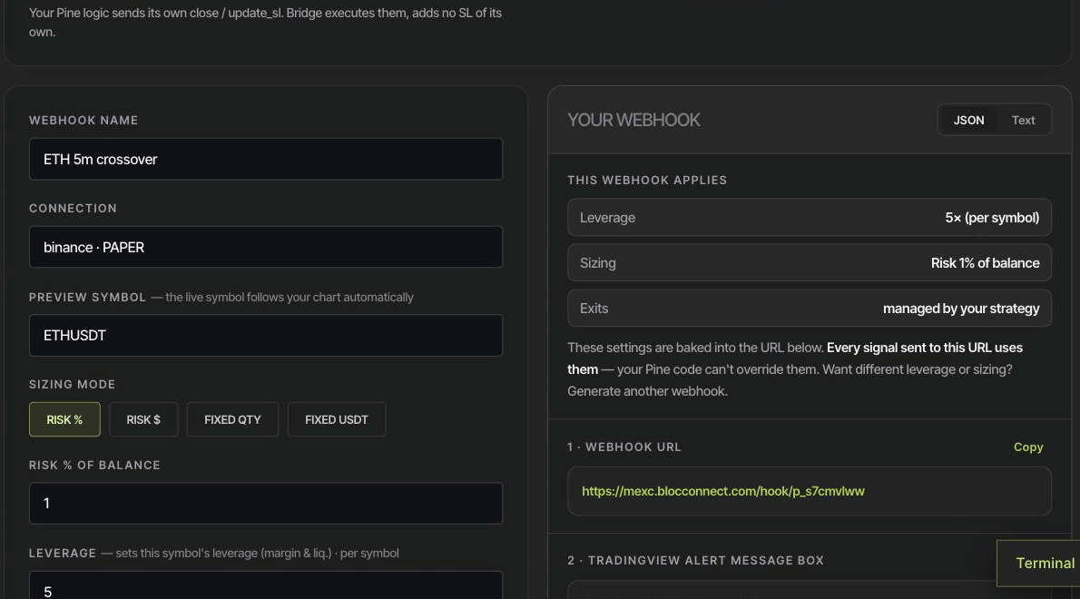 The BlocConnect webhook builder, filled in, showing the generated URL and message box
